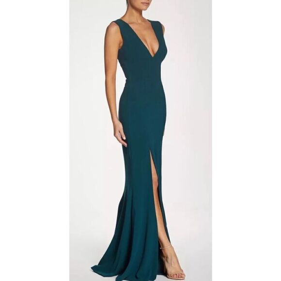 Dress the Population Sandra Plunge Crepe Slit Gown in Pine Green NWT Size Small - Picture 2 of 7